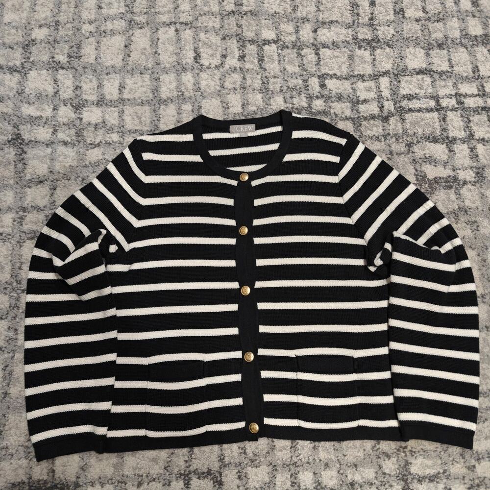 J.Crew Emilie Patch Pocket Sweater Lady Jacket Black White Stripe Cardigan XL